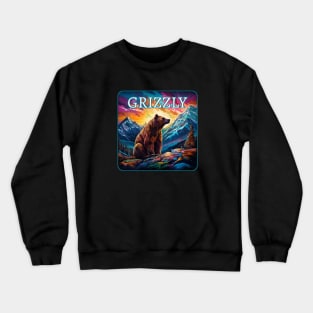 Grizzly Bear Mountain Scene Sunset Mountains Crewneck Sweatshirt